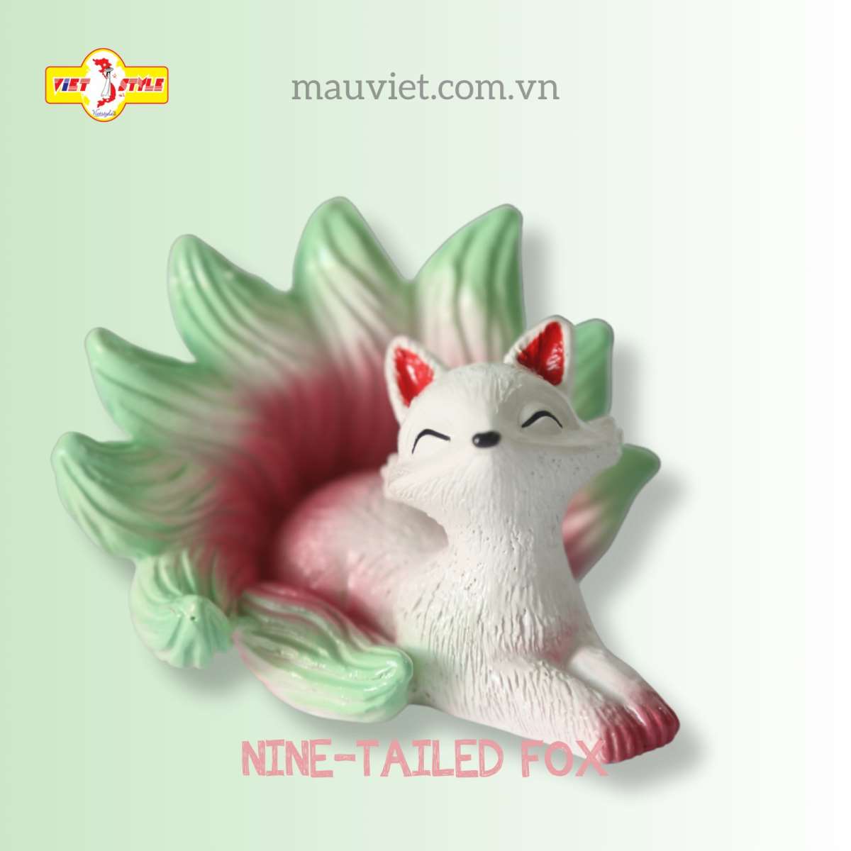 Tượng Hồ Ly Chín Đuôi Dáng Nằm Phong Thuỷ Polyresin Vietstyle - Đuôi Xanh Đỏ