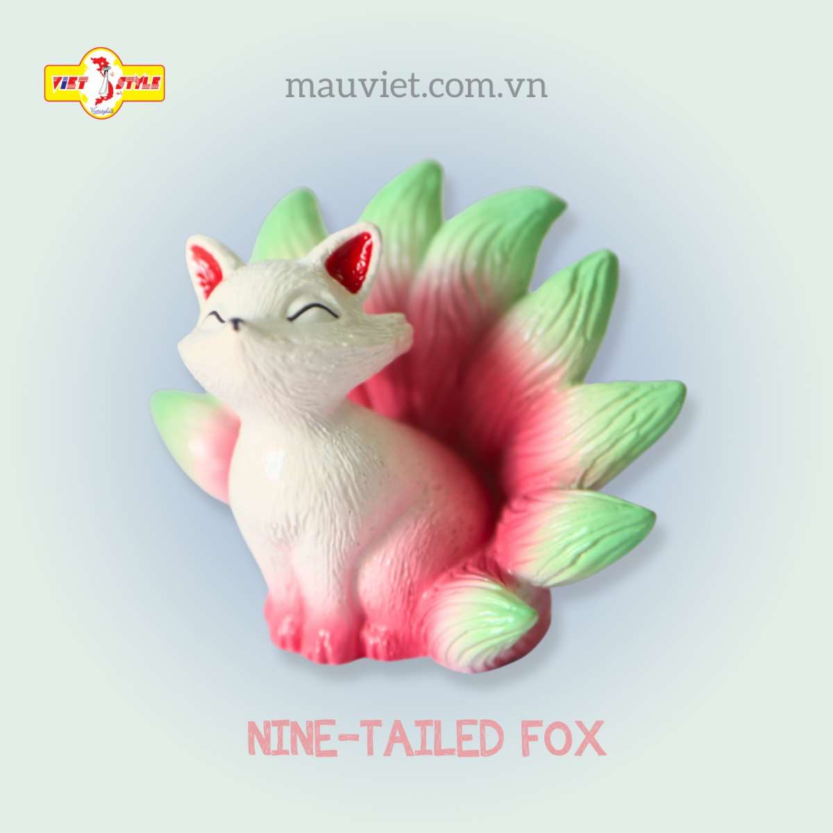 Tượng Hồ Ly Chín Đuôi Dáng Ngồi Phong Thuỷ Polyresin Vietstyle - Đuôi Xanh Đỏ
