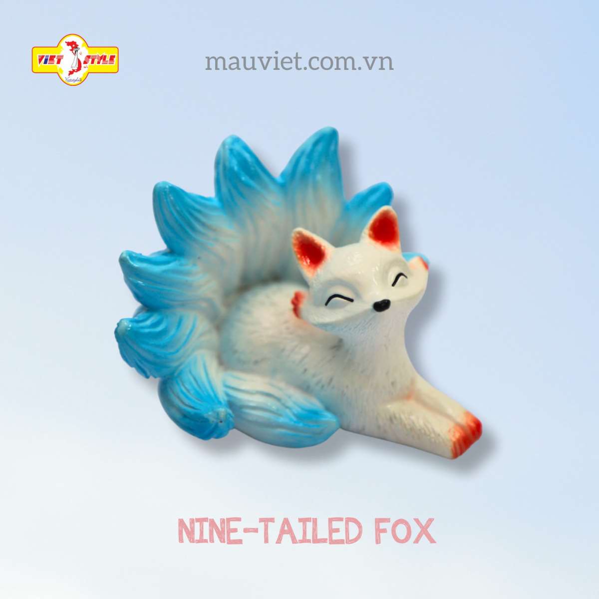 Tượng Hồ Ly Chín Đuôi Dáng Nằm Phong Thuỷ Polyresin Vietstyle - Đuôi Xanh