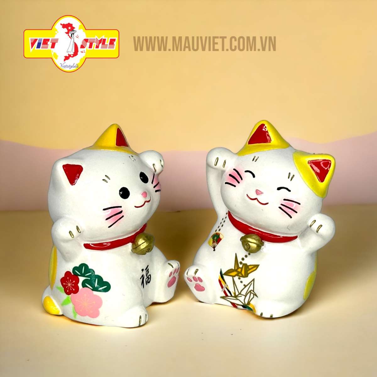 Tượng polyresin _ Cặp đôi Mèo Thần Tài May mắn / Mèo phu thê (Màu vàng) _ Quà lưu niệm Nhật Bản