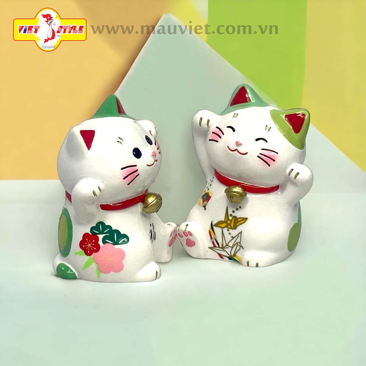 Tượng polyresin _ Cặp đôi Mèo Thần Tài May mắn / Mèo phu thê (Màu xanh lá) _ Quà lưu niệm Nhật Bản