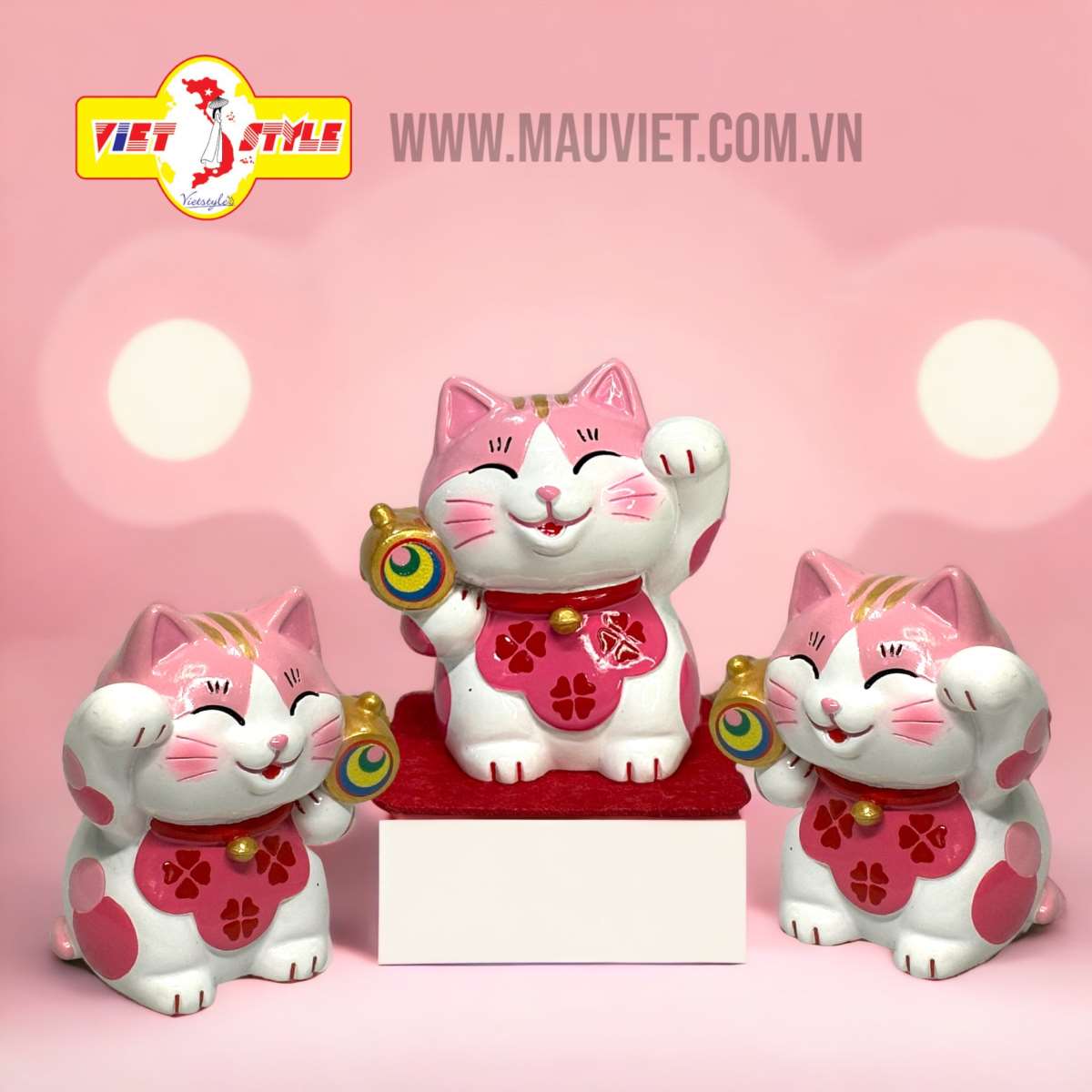 Mèo Thần tài cầm búa ma thuật May mắn (Màu Hồng) _ Quà lưu niệm Nhật Bản