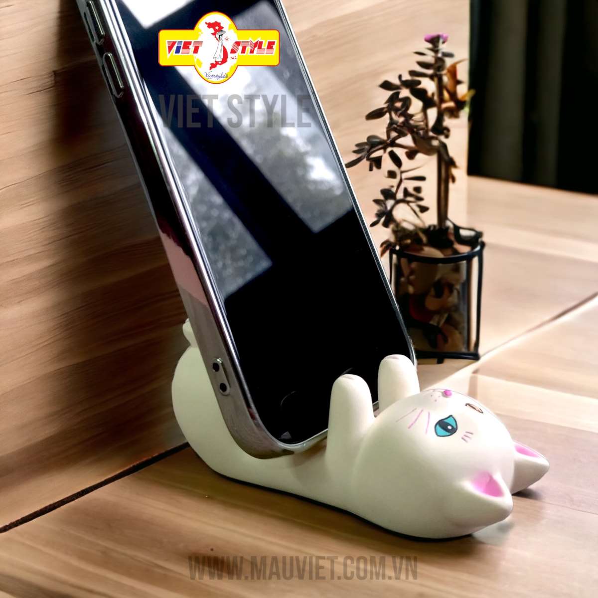 Tượng mèo nằm đỡ điện thoại - Mèo trắng