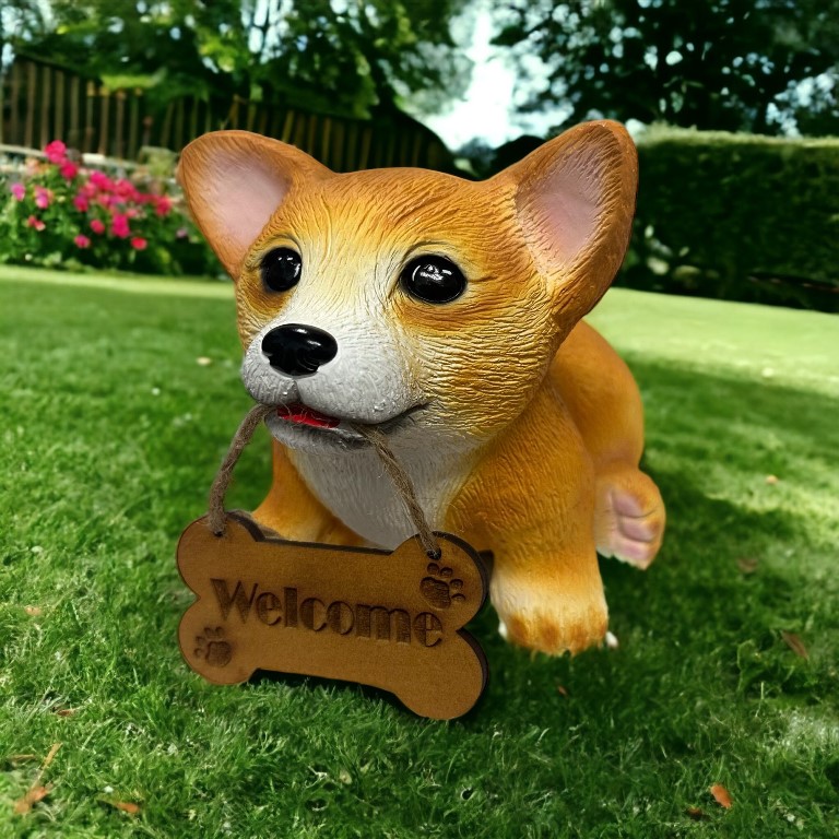 Tượng Chó Corgi ngậm bảng Welcome - Màu vàng