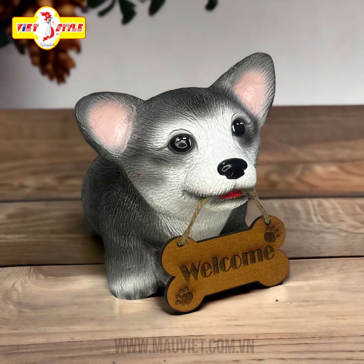 Tượng Chó Corgi ngậm bảng Welcome - Màu đen